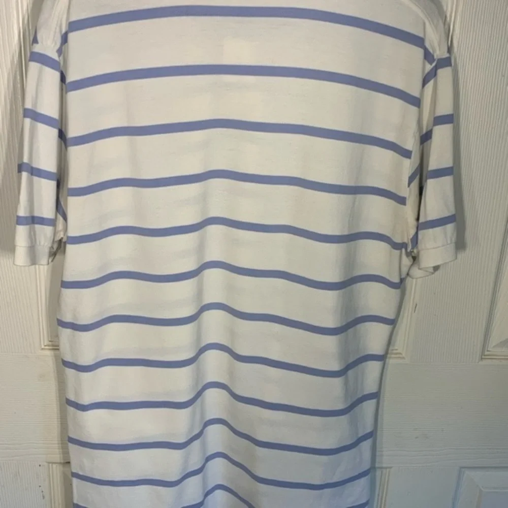 Men's Polo Ralph Lauren Large White Blue Striped  100% Cotton Short Sleeve Golf‎